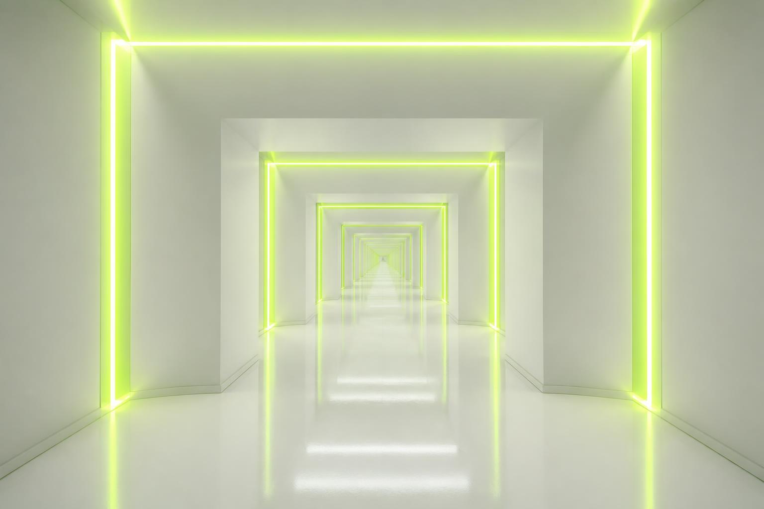 An endless white corridor lit by neon lime light strips